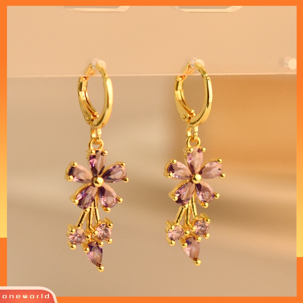 [WOD] Wanita Elegan Cubic Zirconia Hias Bunga Drop Leverback Earrings Perhiasan Hadiah