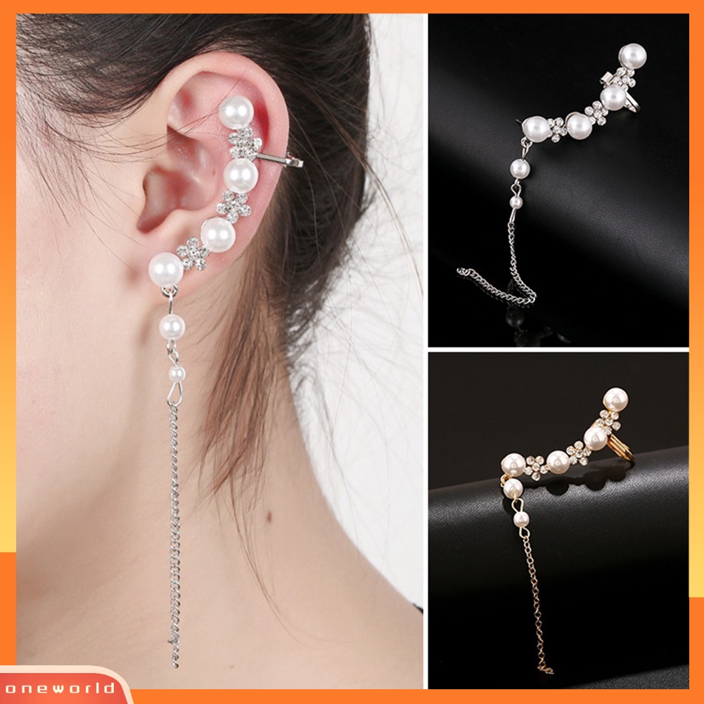 [WOD] 1 Pc Berlian Imitasi Snowflake Mutiara Imitasi Rumbai Anting Telinga Klip Wanita Perhiasan Hadiah