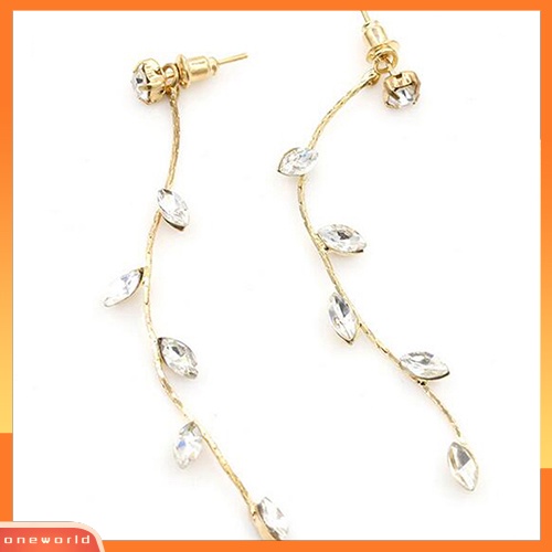 [WOD] Fashion Wanita Elegan Berlian Imitasi Daun Cabang Willow Ranting Linear Anting Panjang