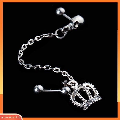 [WOD] Gaya Punk Surgical Steel Crown Skeleton Ear Stud Rantai Anting Tindik Perhiasan