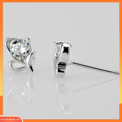 [WOD] Fashion Wanita925 Sterling Perak Hati Bulat Zirkon Telinga Stud Earrings Perhiasan