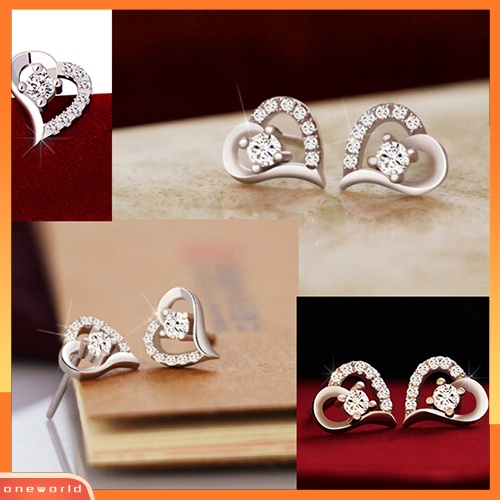 [WOD] Wanita Zirkon Hati925 Sterling Silver Disepuh Telinga Studs Earrings Perhiasan Hadiah