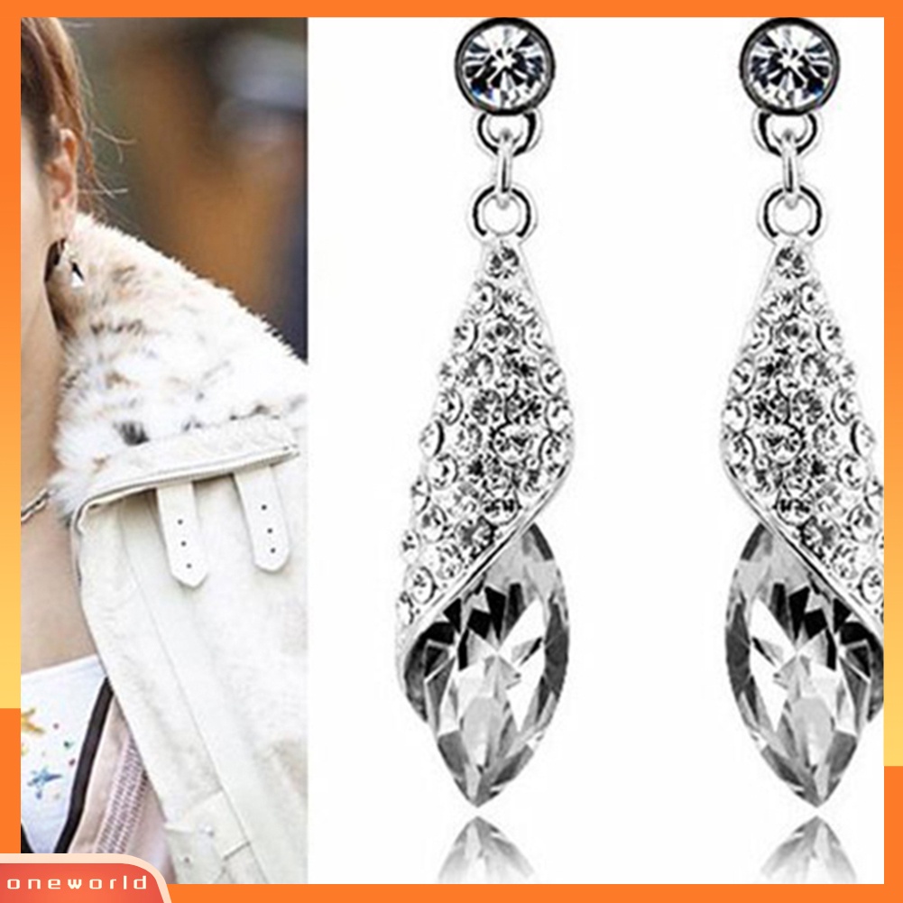 [WOD] Fashion Wanita Elegan Berlian Imitasi Mata Teardrop Menjuntai Perak Stud Hook Earrings