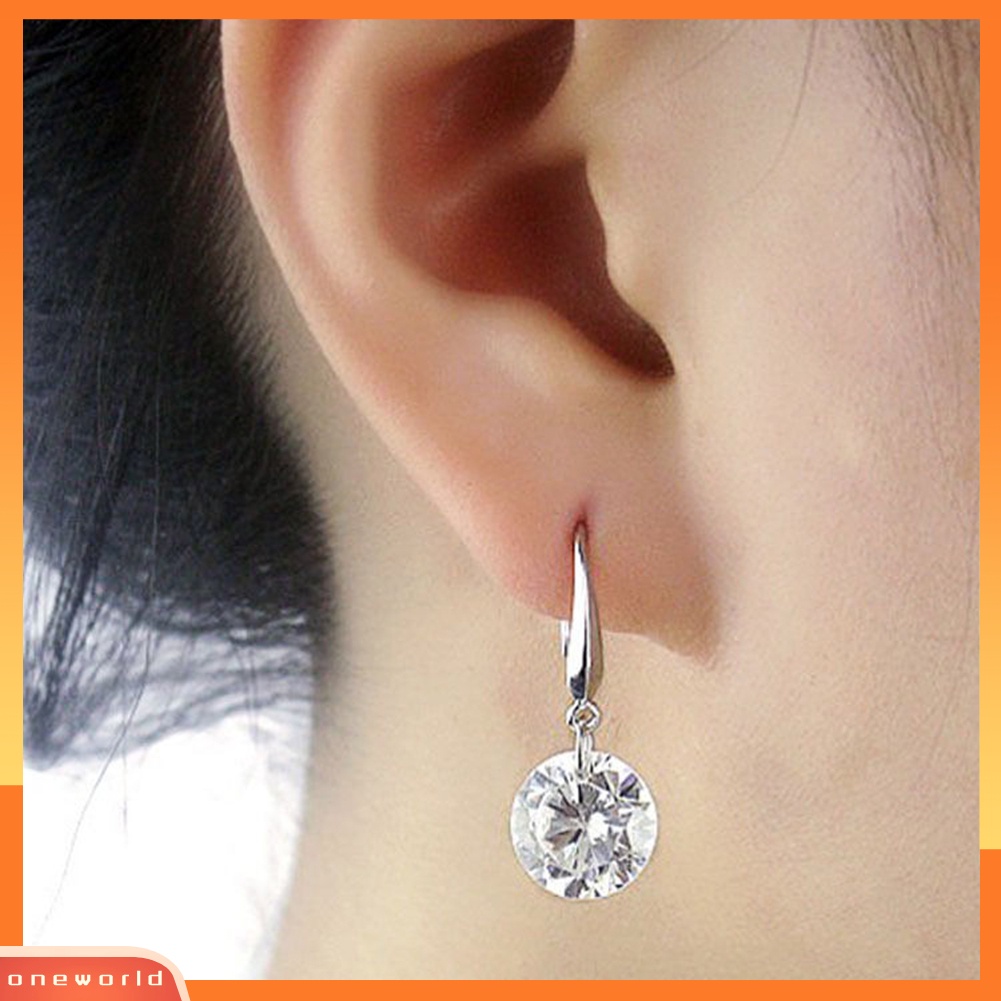 [WOD] Fashion Wanita Elegan Perak Berlapis Zirkon Bulat Telinga Stud Kait Anting Hadiah