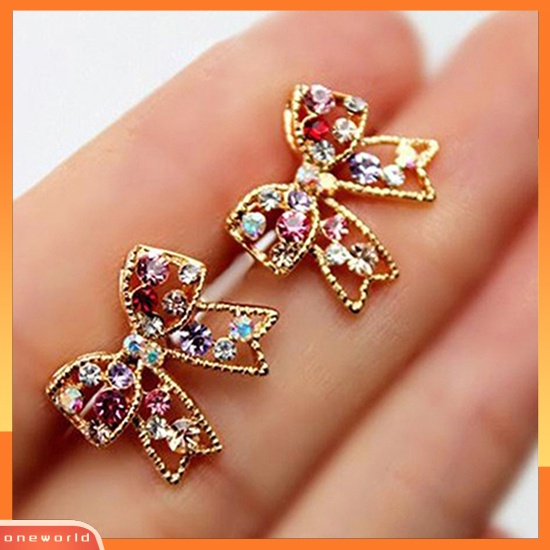 [WOD] 1pasang Wanita Berlian Imitasi Warna-Warni Ikatan Simpul Busur Telinga Studs Earrings Jewelry Charm