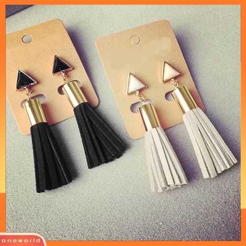 [WOD] Wanita Vintage Segitiga Faux Suede Jumbai Drop Earrings Anting Menjuntai Panjang