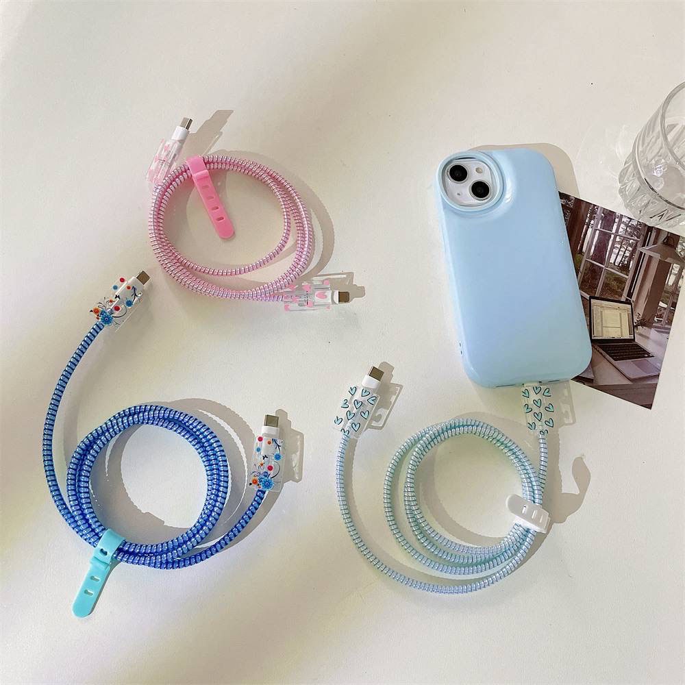 7gaya Cas Kepala Pelindung Cover Case+Cas Kabel Case+Winders Silikon Motif Cinta Hati Telepon Cahrger Protect Case Transparan Soft Shell Untuk Iphone 18/20W Charger