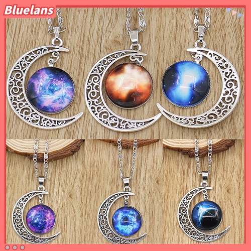 [BLS] Wanita Fashion Kaca Galactic Paduan Rantai Bulan Sabit Liontin Kalung