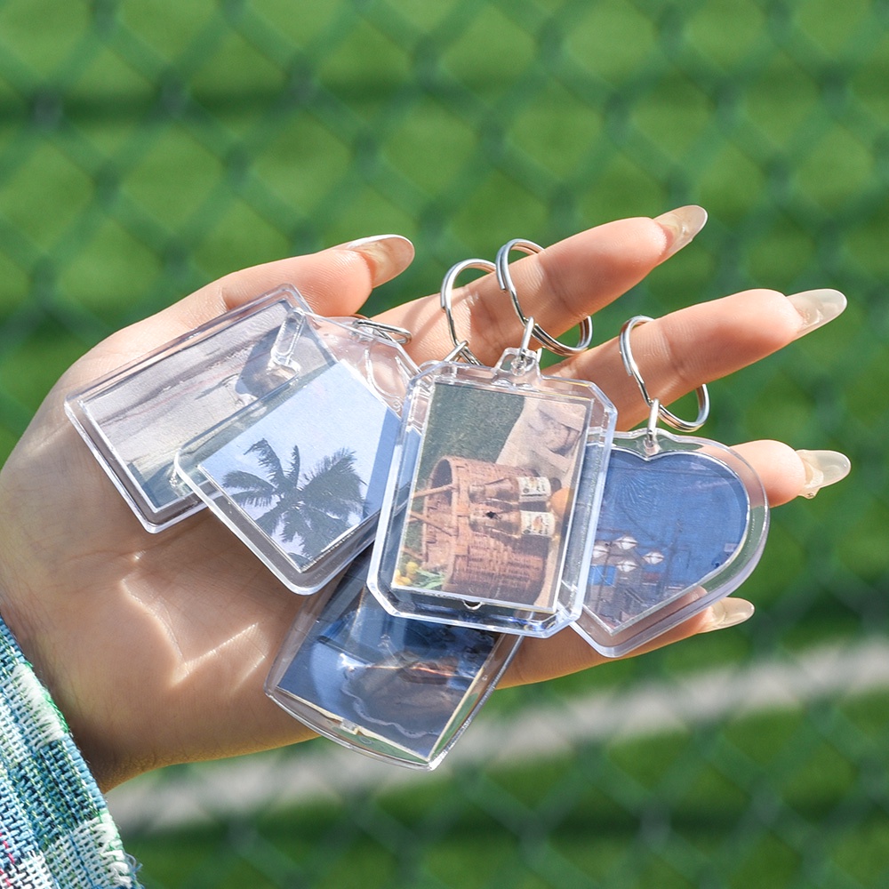 [HOT Sale] Transparan Kosong Portabel Split Ring Keychain Untuk Gantungan Kunci Mobil, Tas Persegi Panjang Gaya Hati Akrilik Insert Foto Gambar Keychain Dekorasi Liontin Bingkai Keyring