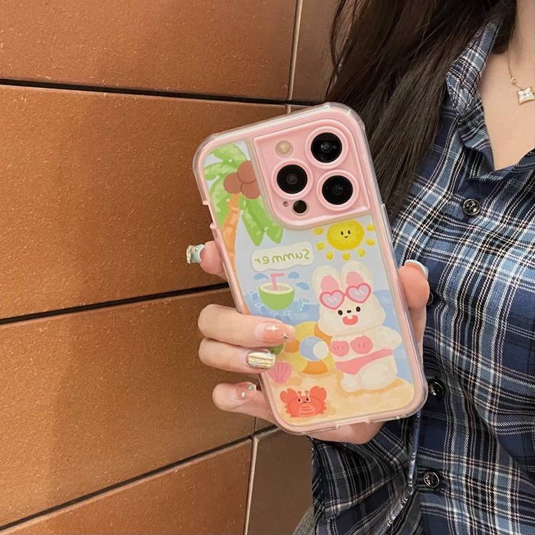 Summer Coconut Tree Bunny Soft TPU Case iP iPhone 14 + Plus 11 12 13 Pro Max 2in1 FTD Girl Woman Casing Apple