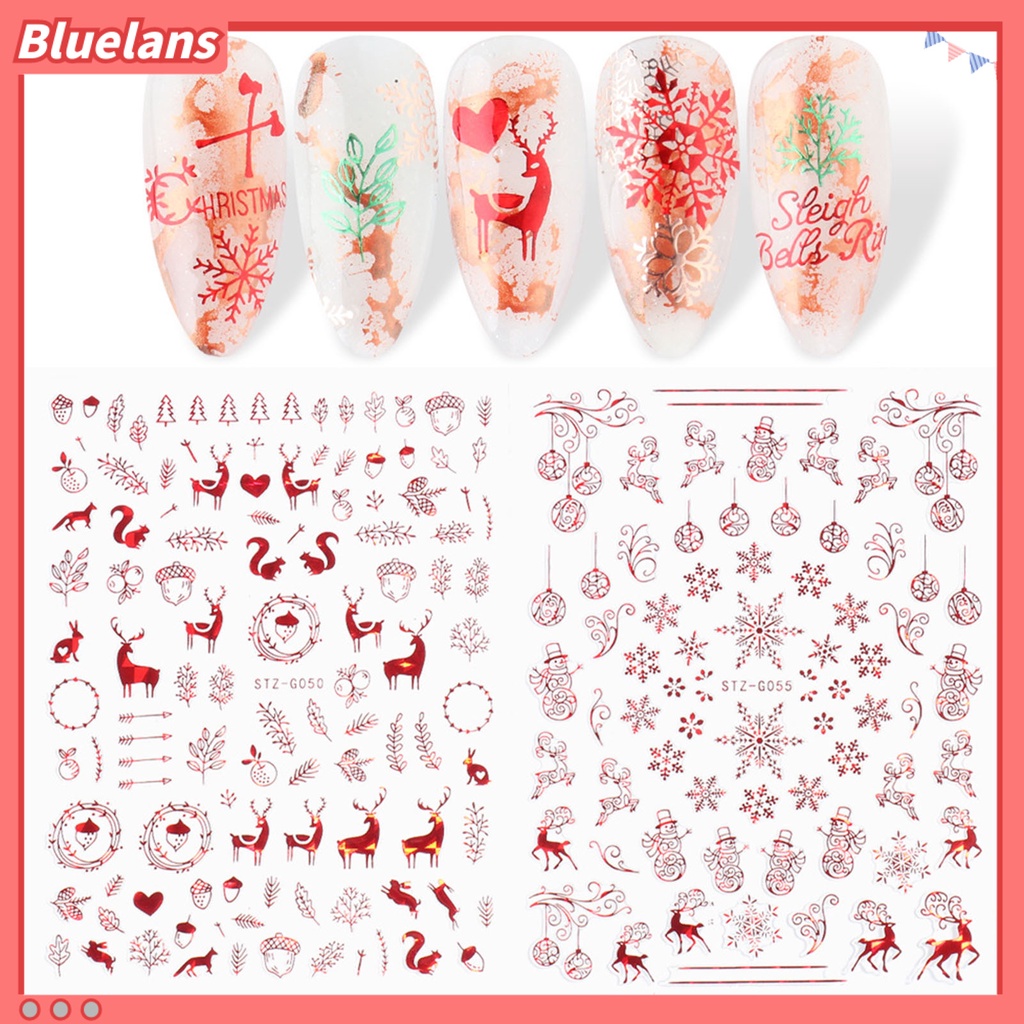 [BLM] Stiker Nail Art Elk Snowflake Snowman DIY Desain Manicure Natal Perekat Kuku Decals Decor Untuk Pesta