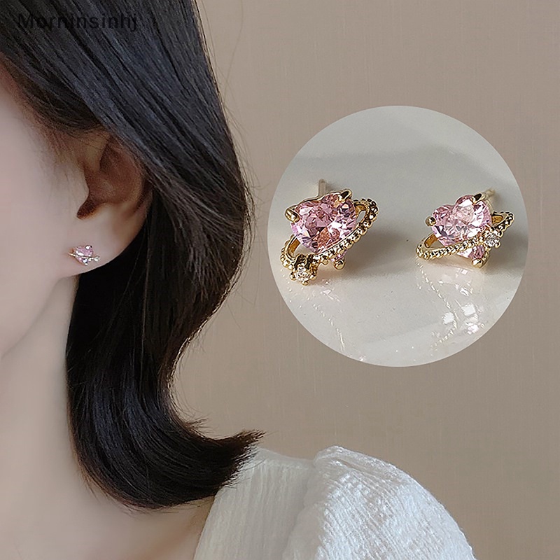 Mornin 1pasang Anting Tusuk Simple Pink Zircon Ins Style Perhiasan Perak Fashion Kreatif Untuk Wanita Shinny Heart Ear Stud id