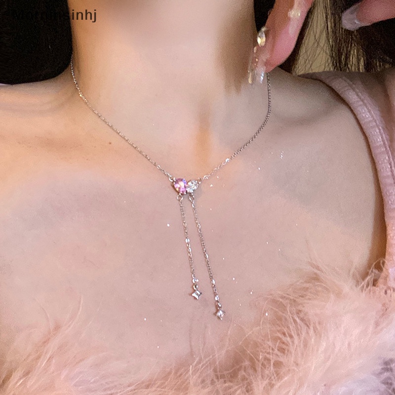 Mornin Tren Mode Baru Desain Unik Elegan Halus Pink Putih Cinta Zirkon Klavikula Kalung Wanita Perhiasan Hadiah Pesta id