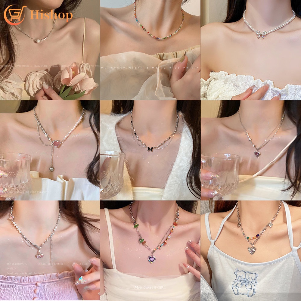 Kalung Pasangan Manik-Manik Kupu-Kupu Sederhana Rantai Mutiara Choker Liontin Necklace Untuk Wanita Fashion Perhiasan Aksesoris