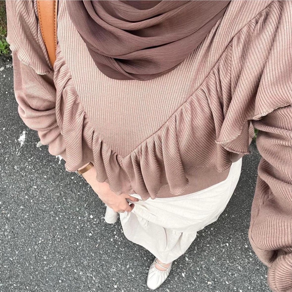 Blouse V Ruffle Bahan Rib Pastelly