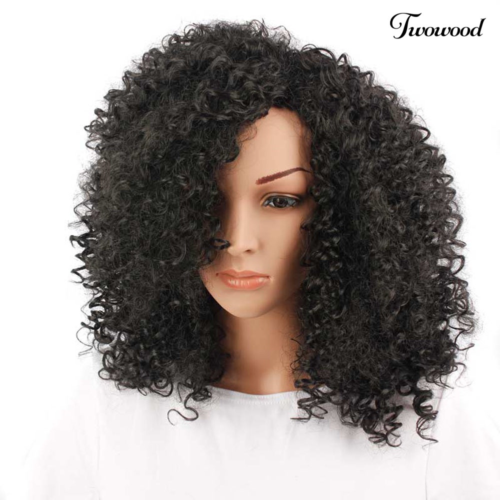 Twowood Wanita Fashion Afrika Hitam Pendek Keriting Bergelombang Rambut Tahan Panas Wig Sopak