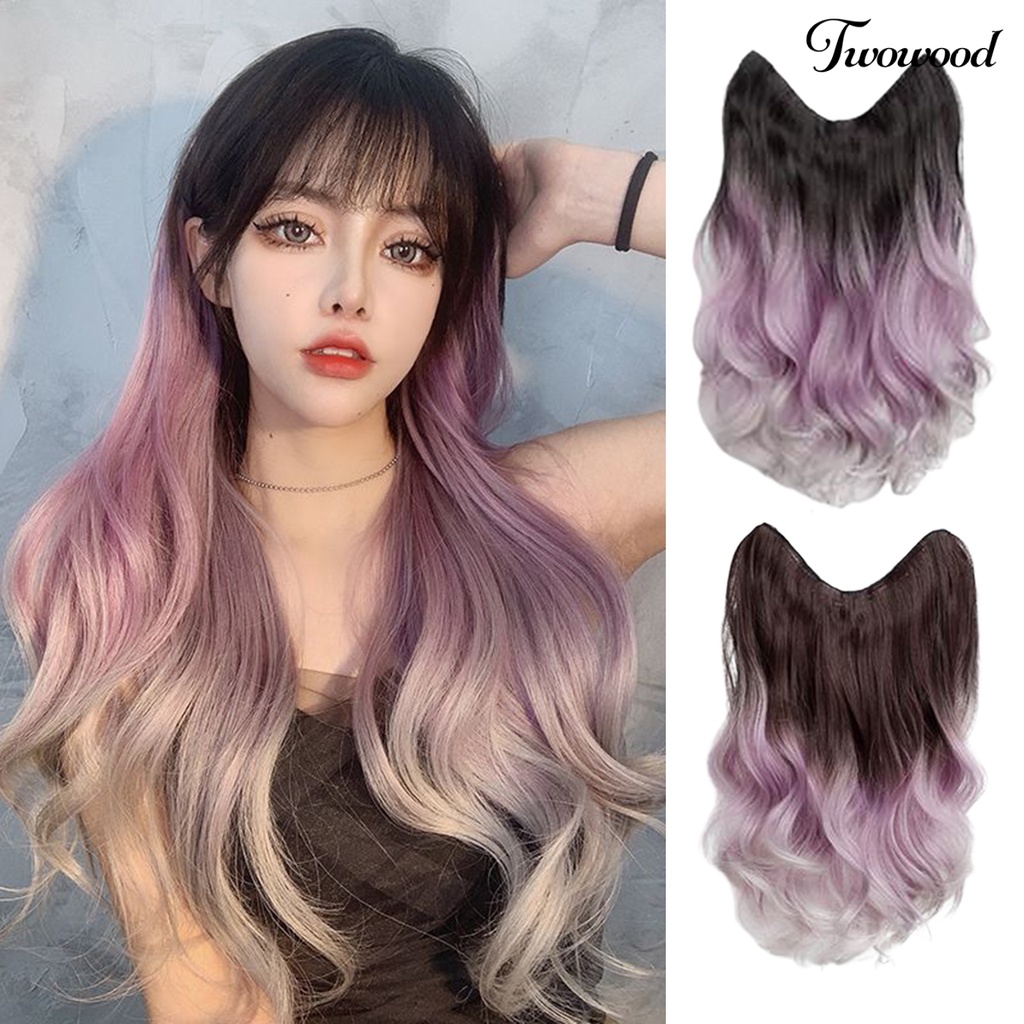 Twowood Wig piece Curly Lembut Berbulu Alami Pas Sempurna Desain Berbentuk U One-piece Ekstensi Berwarna Wig Gradasi Panjang Untuk Wanita