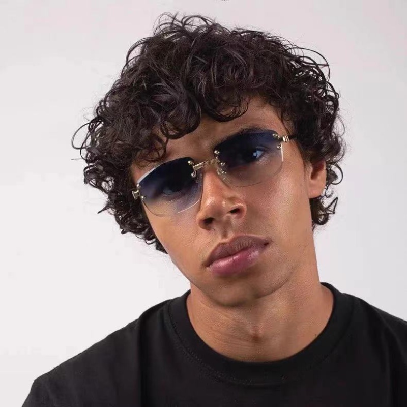 (YUZHU) Logam Tanpa Bingkai Kacamata Persegi Perempuan Punk Fashion Bingkai Kecil Kacamata Hitam Pria