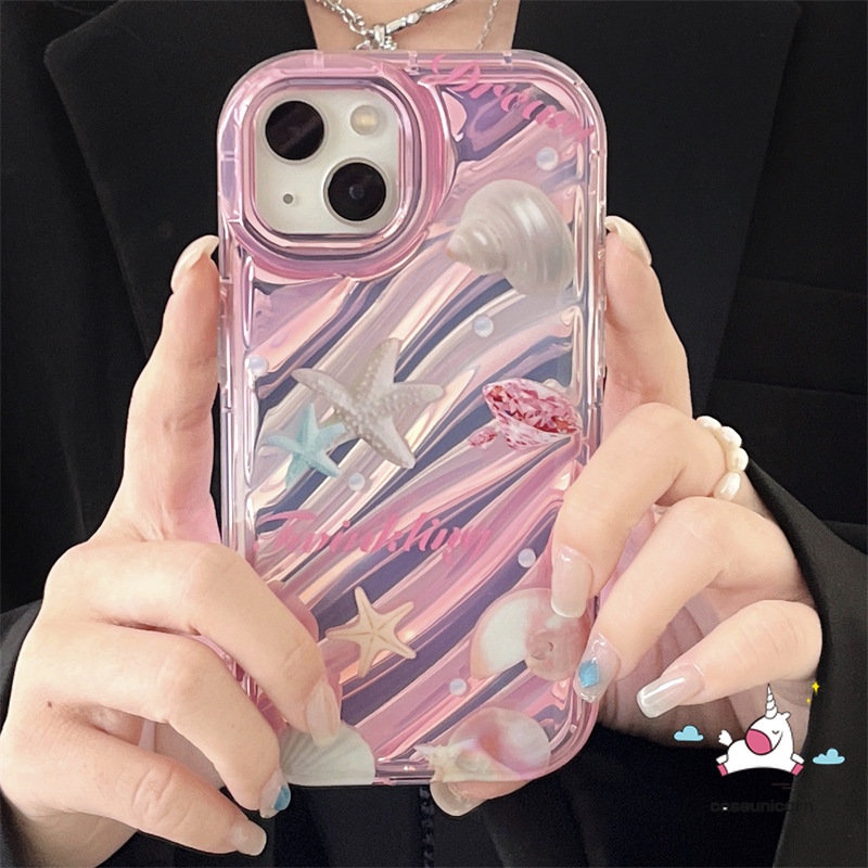 IPHONE Casing Berlian Whelk Pantai Cinta Hati Kreatif Kompatibel Untuk Iphone13 11 7Plus 14 12 Pro MAX XR X7 8 6 6S Plus XS MAX SE 2020mewah Dazzle Kartu Warna 3D Stereo Corrugation Case