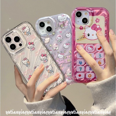 Casing Tombol Ponsel Digital Kartun Hello Kitty Vintage Kompatibel Untuk IPhone 7Plus XR XS X Max11 12 14 13 Pro Max7 6S 8 6 Plus Se2020 Kartu Laser Kerut Stereo 3D Soft Cover