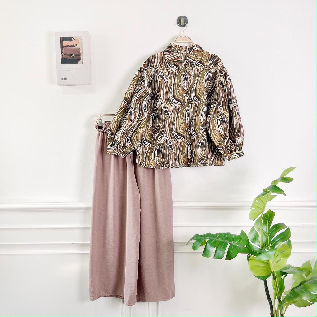 BEFAST - ZEC OOTD WANITA SETELAN ARISA / One Set Ghalaxie Marble / Pakaian Casual Wanita / Set Atasan Kemeja Lengan Panjang Motif Abstrak+Celana Kulot Panjang / Fashion Kekinian Remaja ABG / Setelan Terlaris