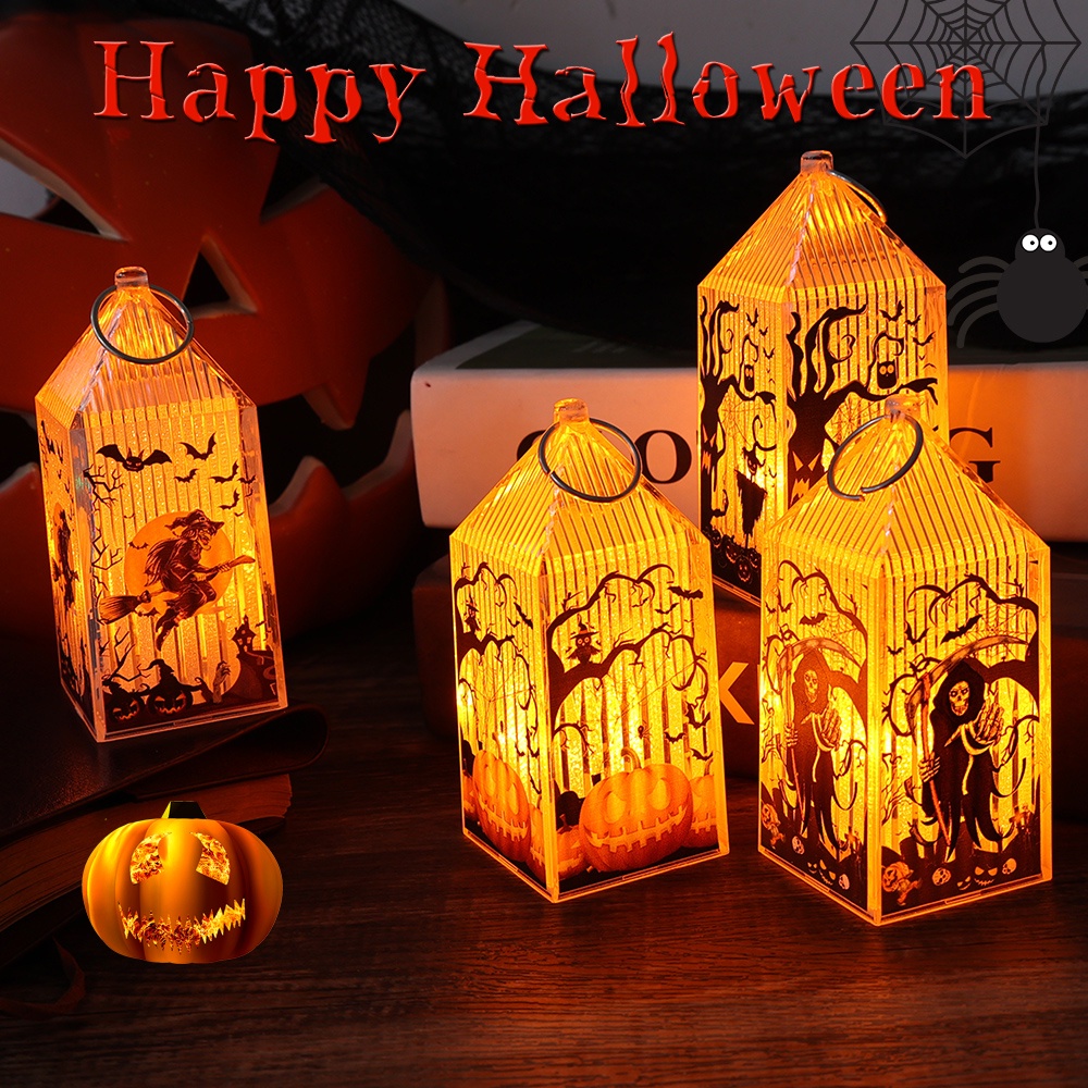 Halloween Lampu Kristal Bening Kecil/Lentera Labu Portabel/Lampu Penyihir Kerangka Kastil Dapat Digantung/Lampu LED Kuning Hangat/Dekorasi Meja Rumah/Properti Fotografi Pesta