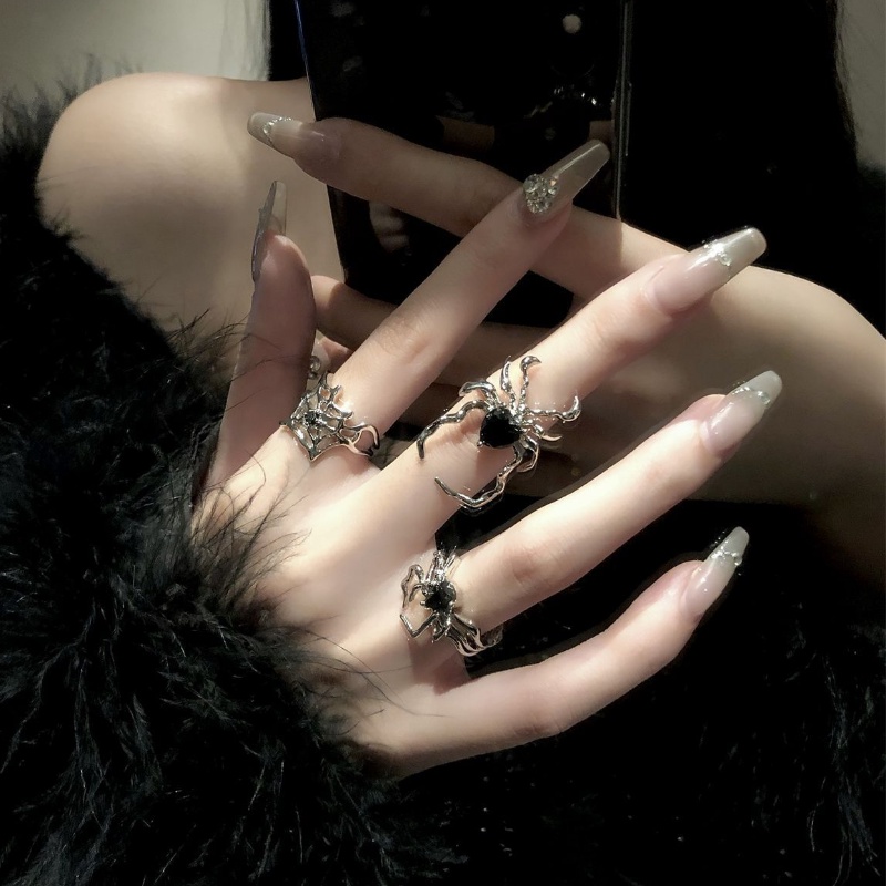 [Ditampilkan] Punk Hitam Kristal Geometris Logam Terbuka Cincin/Gothic Irregular Spider Webs Zircon Rings/Korea Hip Hop Fashion Adjustable Finger Rings Jewelry/