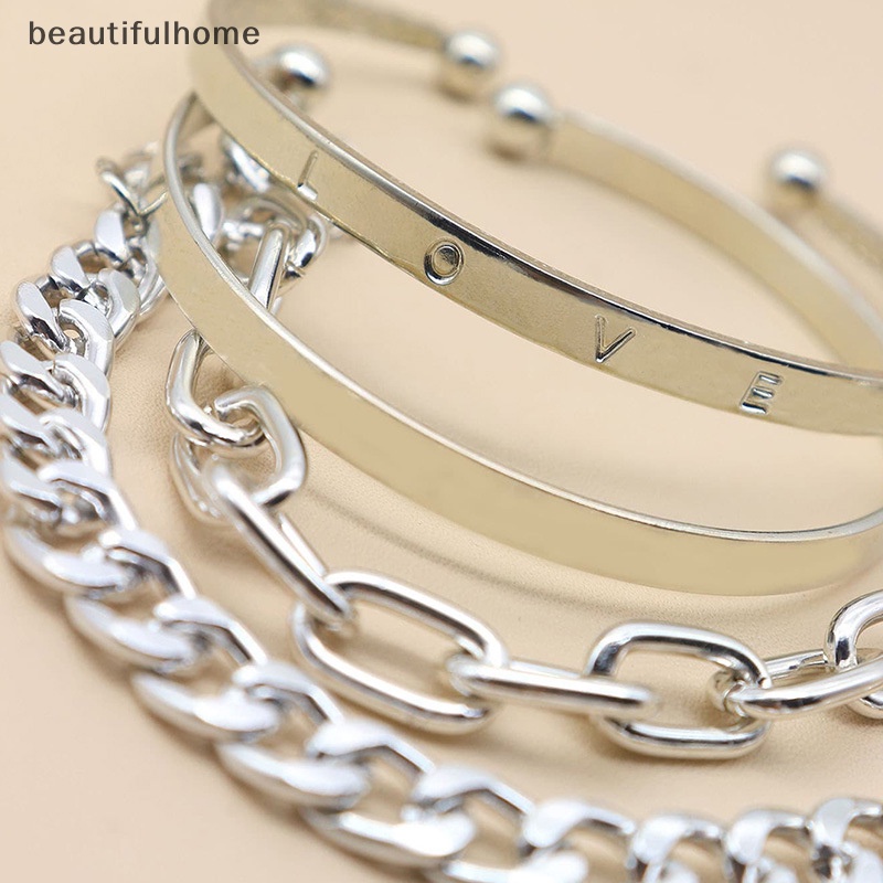 {beautifulhome} 4pcs /set Wanita Fashion Punk Hip Hop Rantai Bangles Gelang Perhiasan Aksesoris.