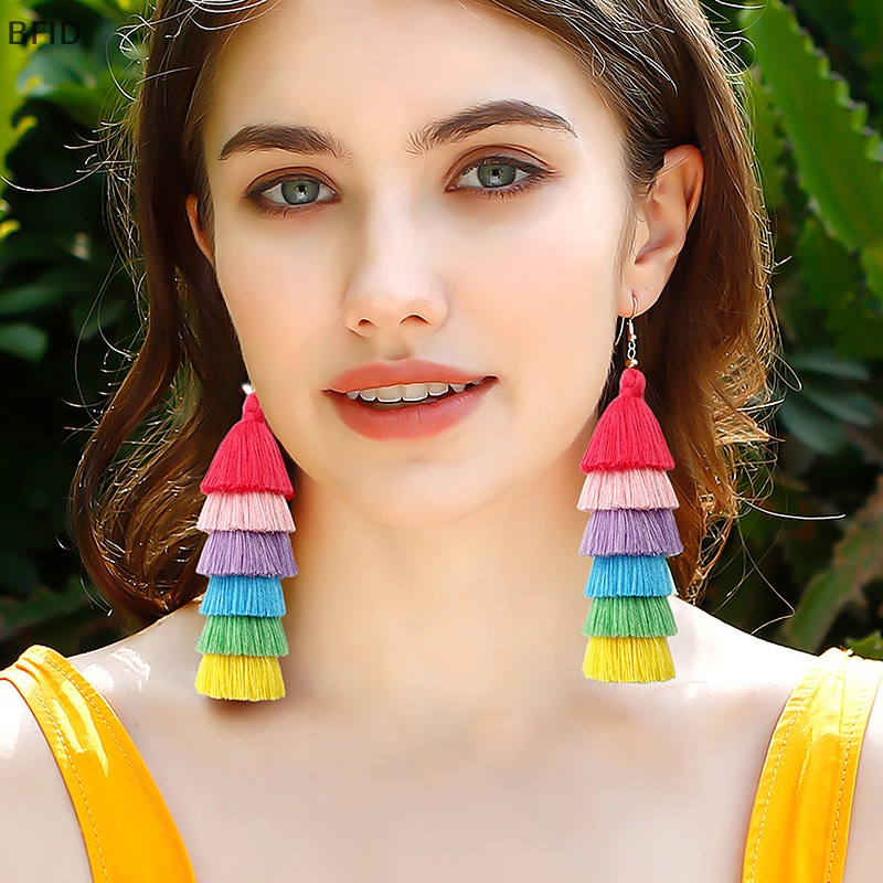 [BFID] 1pasang Perhiasan Handmade Musim Panas Gaya Bohemian Aksesoris Panjang Lucu Rain Color Layered Fringe Tassel Earrings Untuk Wanita [ID]