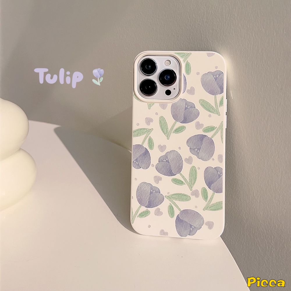 IPHONE Ins Musim Panas Lukisan Minyak Tulip Ponsel Case Kompatibel Untuk Iphone11Xr 7plus7 8 Plus X XS Max 12 11 14 13 Pro Max SE 2020 Tiga Bunga Segar Halus Shockproof Lembut Tpu Penutup Belakang