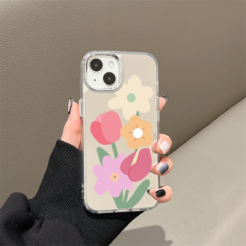 IPHONE Casing Ponsel Cermin Bunga Warna-Warni Kartun Kompatibel Untuk Iphone11 12 13 14 12Pro 13Pro 14Pro Pro Max XR X XS Max Electroplating Tombol Perlindungan Mirror Cover