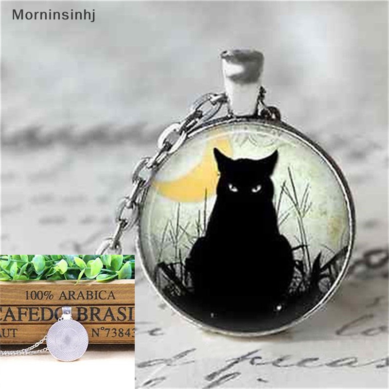 Mornin Chic Wanita Vintage Black Cat Cabochon Silver Plated Rantai Kaca Liontin Kalung id