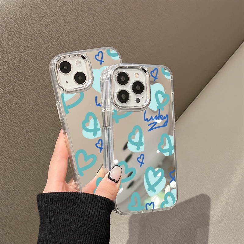 IPHONE Casing Ponsel Cermin Hati Hijau Mint Kompatibel Untuk Iphone11 12 13 14 12Pro 13Pro 14Pro Pro Max XR X XS Max Electroplating Tombol Perlindungan Mirror Cover