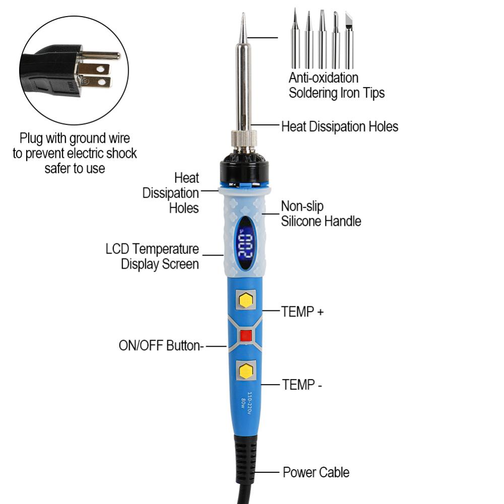 C5goon Adjustable Temperature 80W Digital Soldering Iron Pemanasan Internal Tipe Alat Perbaikan Las Elektronik Rumah Tangga Set D6M3