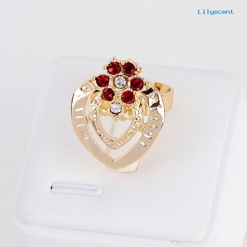 [LS]Rhinestone Heart Flower Kalung Stud Anting Cincin Gelang Wanita Set Perhiasan