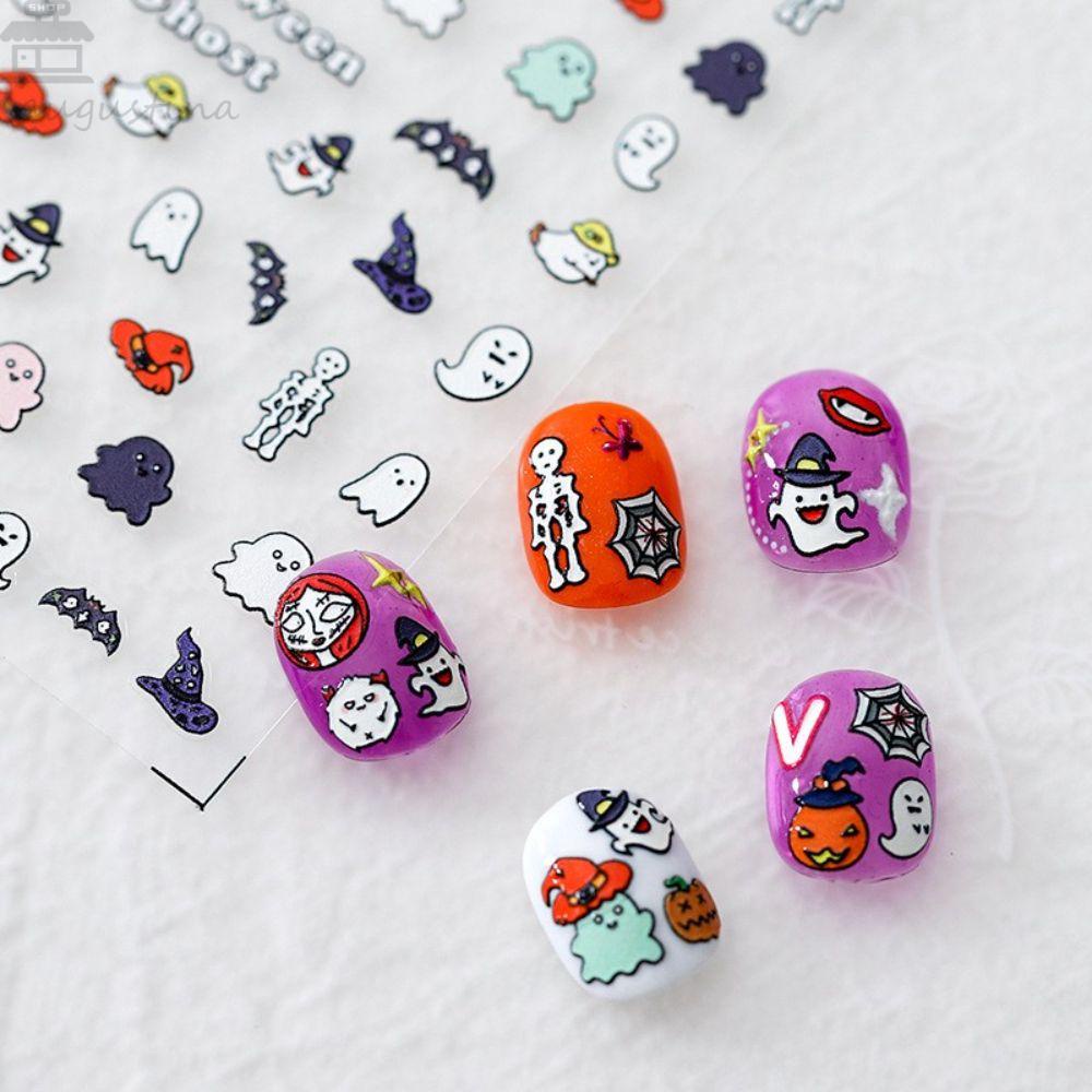 AUGUSTINA Agustina Halloween Nail Art Sticker Perekat 5D Timbul Tengkorak Labu Manicuring Sticker