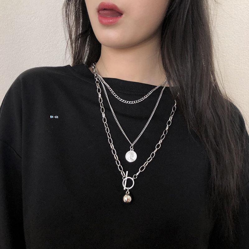 Eropa Amerika INS Influencer Gaya Keren Harajuku Hip-Hop Tiga Lapis Kalung Kecantikan Kepala Koin Bola Logam Street Raket Sweater Rantai