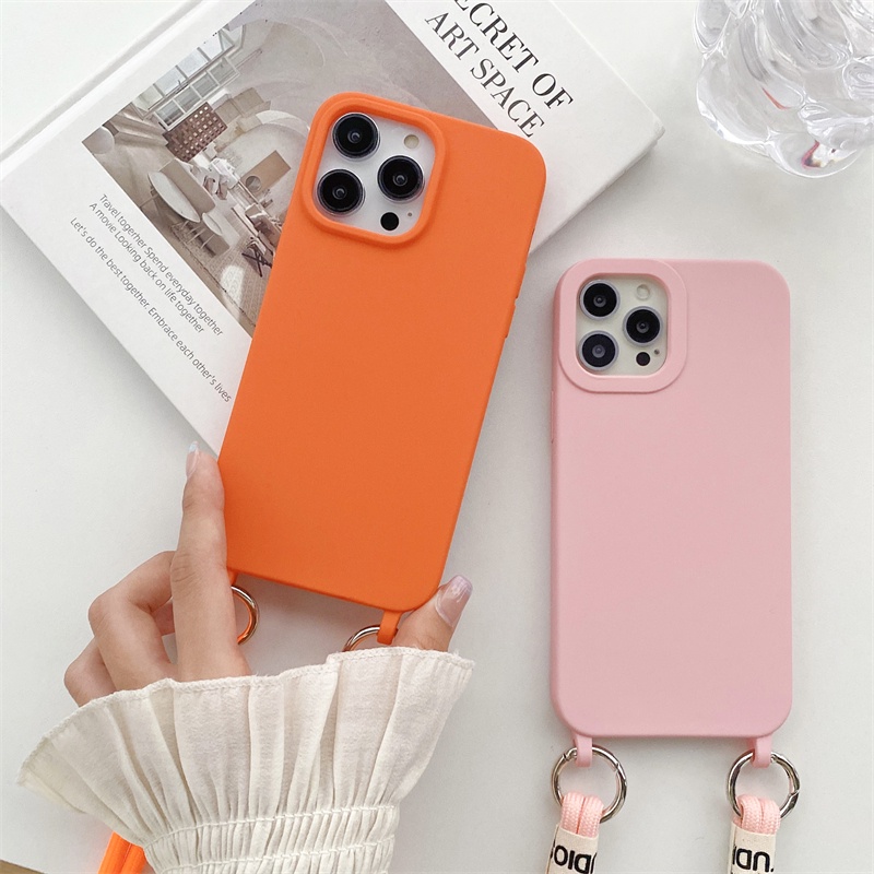 IPHONE Menebal Silikon Anti Rontok Lanyard Cover Cocok Untuk Iphone14 13 12 11 Pro X XS Max XR 78 14 Plus Matte Casing Pelindung Tali Diagonal Soft Case