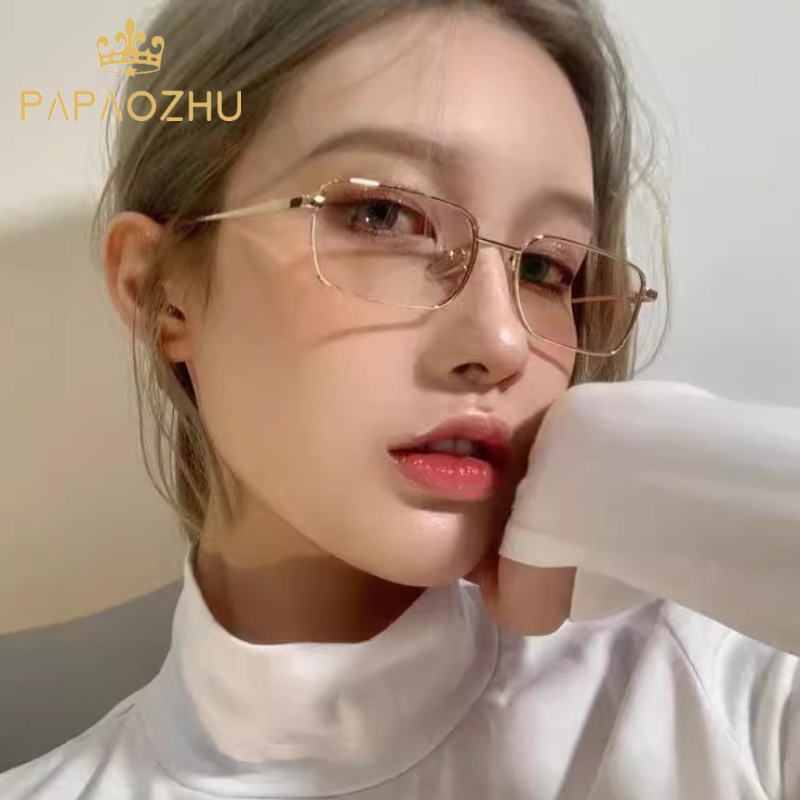 Papaozhu Ins Trendy Emas Sempit Persegi Panjang Frame Kacamata Untuk Wanita Pria Gaya Aesthetic Metal Kacamata Outdoor OOTD Eyewear