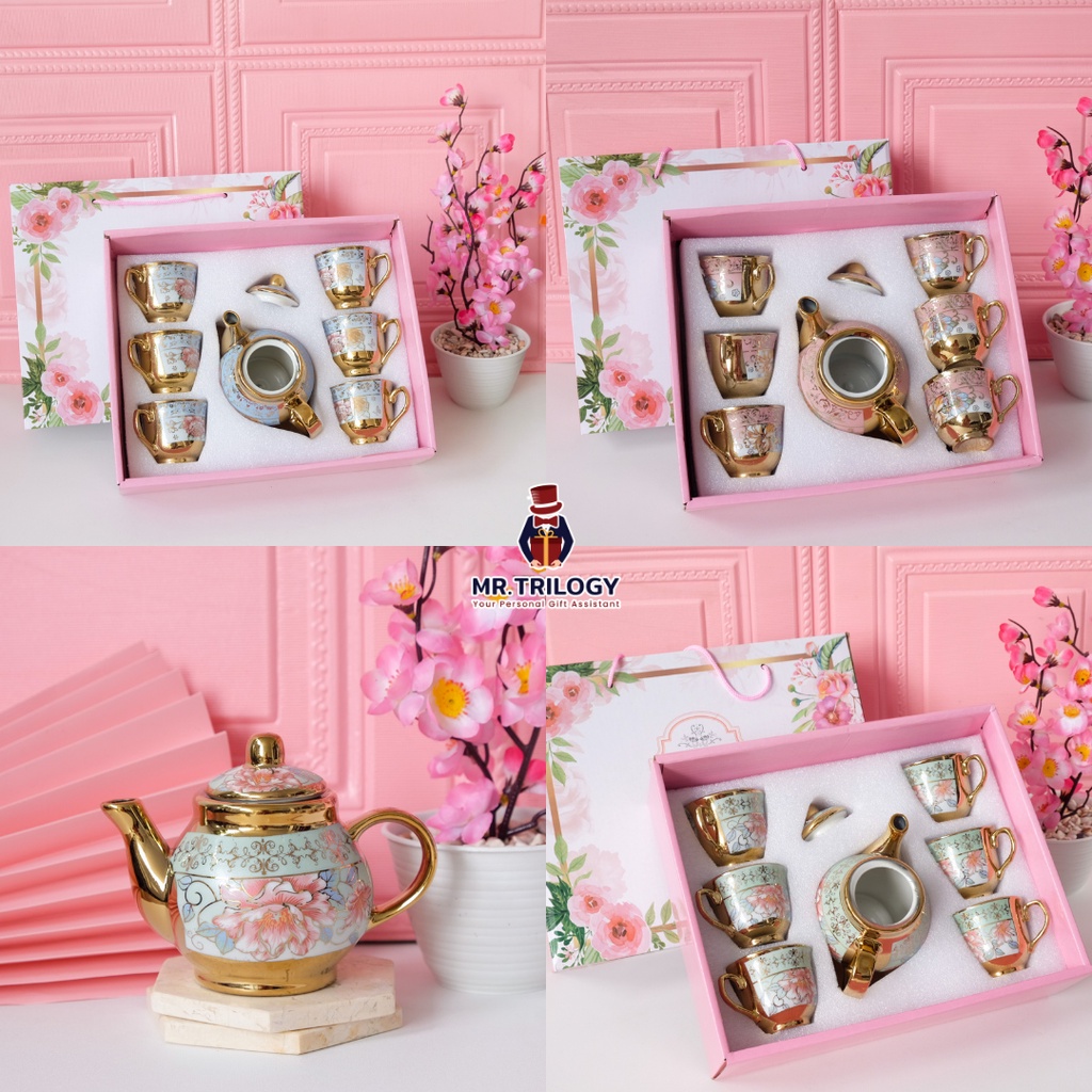 Cangkir Teko Pot Set Keramik 7in1 Hampers Souvenir Mewah Gelas Teh