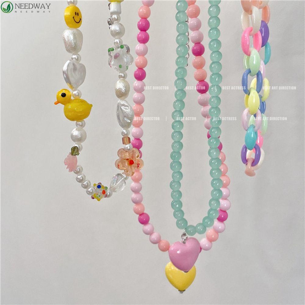 NEEDWAY Bohemian Kalung Fashion Gaya Korea Kalung Kepribadian Mutiara Klavikula Rantai Bunga Smiley Beads Colorful Rice Bead Necklace