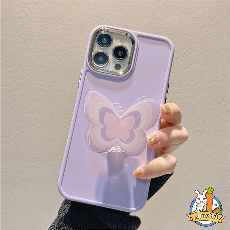 IPHONE Bingkai Plating Canggih Warna Solid Phone Case Purple Butterfly Phone Holder Kompatibel Untuk Iphone14 13 12 11 Pro Max X Xr Xs Max8 7 6 6s Plus SE Tahan Jatuh Cover Pelindung