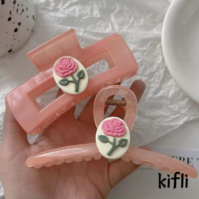 [KD] Hair Claw Clip Pink Rose Flower Elegan Sense Romantis Gaya Perancis Hiu Klip Aksesori Rambut