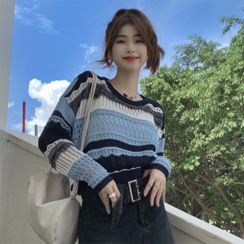 Premium Sweater Wanita Korea Cutout Lengan Panjang Stripe Casaul Atasan