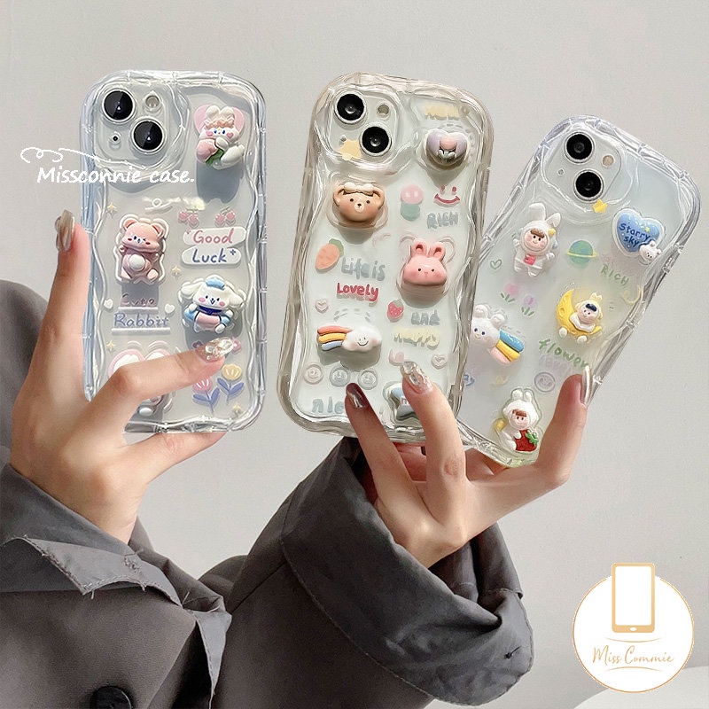 Case Boneka Beruang Kelinci Kartun 3D Lucu Kompatibel Untuk IPhone XR 7Plus 14 11 12 13 Pro Max 6 7 6s 8 Plus X XS Max Se2020 8Plus DIY Love Heart 3D Bergelombang Melengkung Penutup Tepi