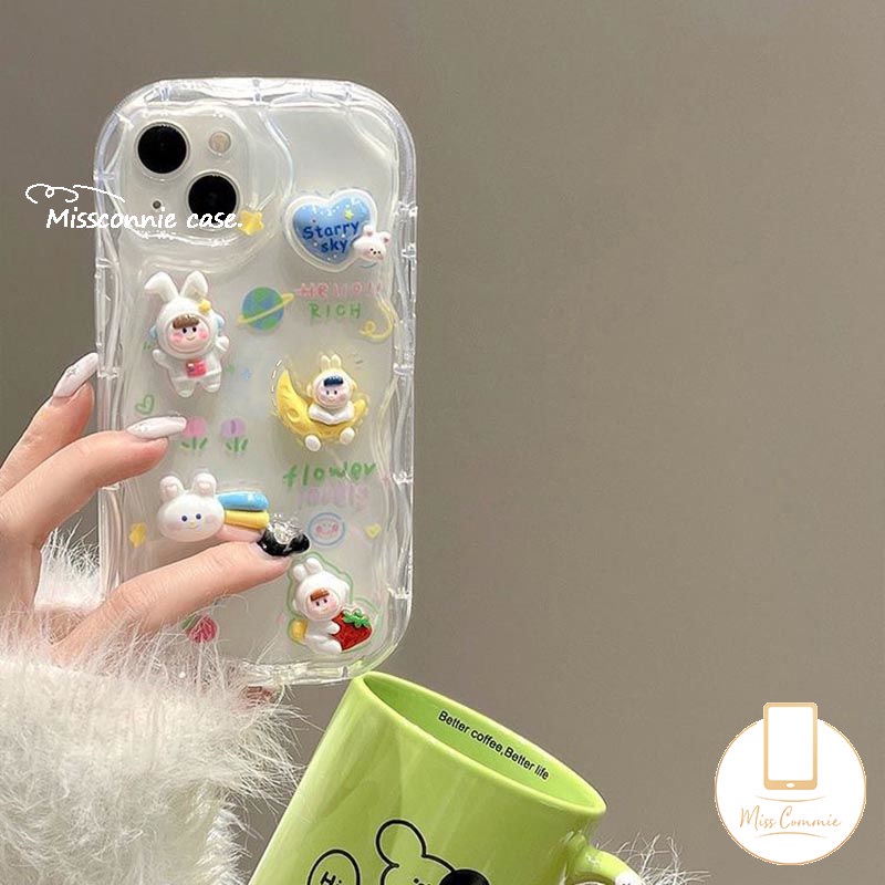 Case Boneka Beruang Kelinci Kartun 3D Lucu Kompatibel Untuk IPhone XR 7Plus 14 11 12 13 Pro Max 6 7 6s 8 Plus X XS Max Se2020 8Plus DIY Love Heart 3D Bergelombang Melengkung Penutup Tepi