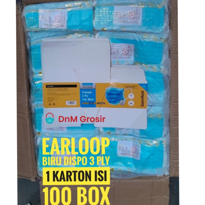 Masker Earloop Biru QueenMask 3 ply 1Karton isi 100 Box