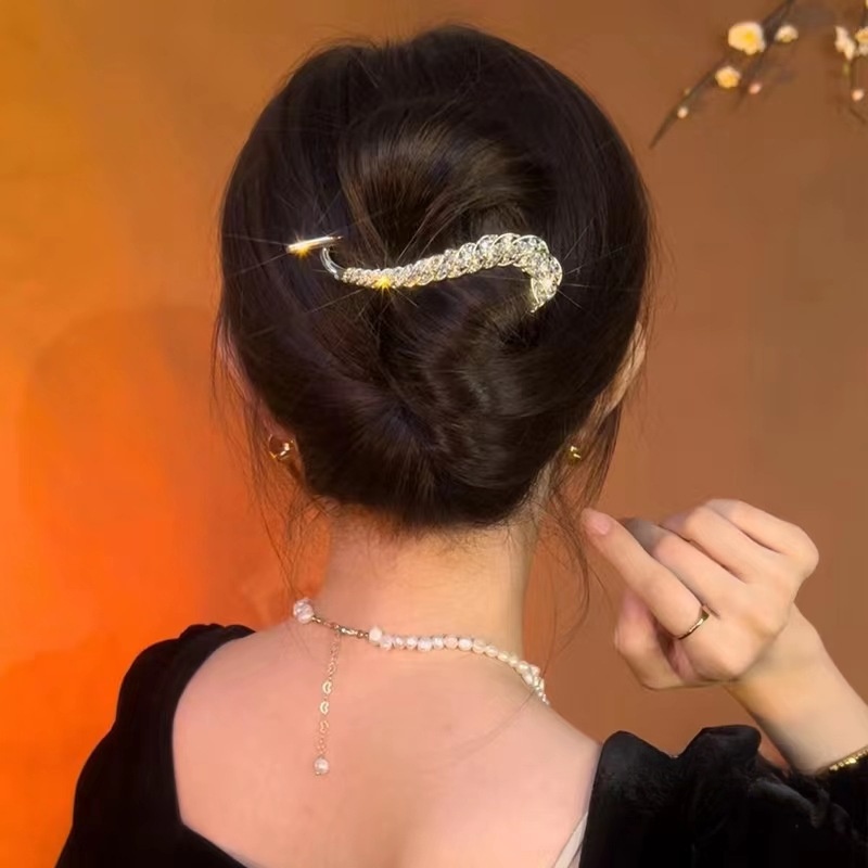 Elegan Wanita Besar Rambut Pin Pesta Pernikahan Halus Ponytail Holder Twist Clip Alloy Hiasan Kepala Hadiah Aksesoris Rambut Korea INS Style Populer Berlian Imitasi Mengkilap Gandum Jepit Rambut