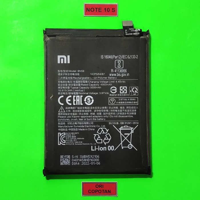 BATERAY BATERAI BATRE REDMI NOTE 10S ORIGINAL COPOTAN
