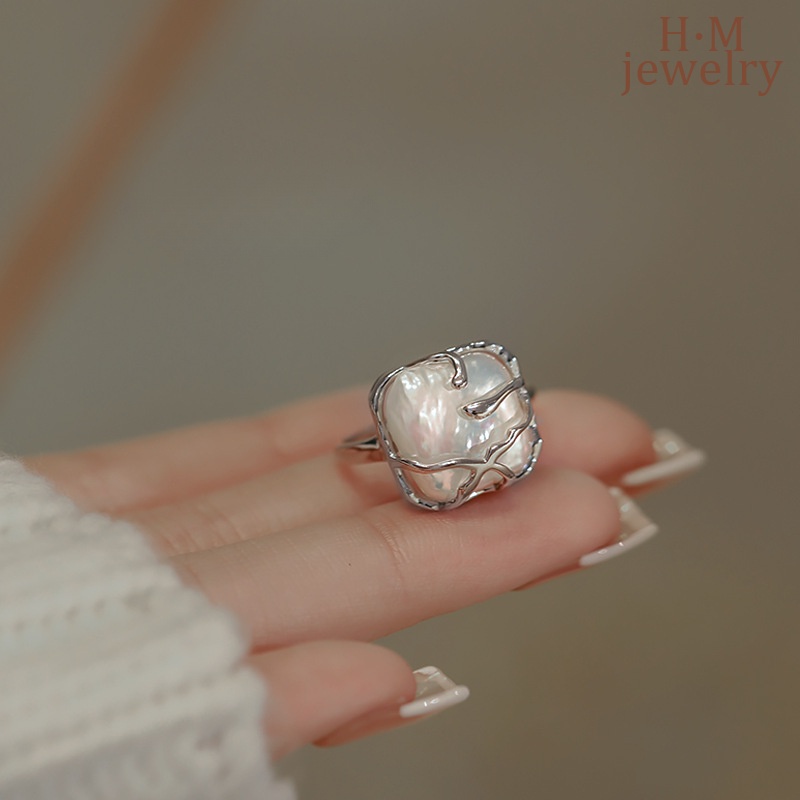S925 Perak Baru Manis Berliku Cincin Mutiara Retro Bergaya Tetesan Air C-Shaped Open Ring